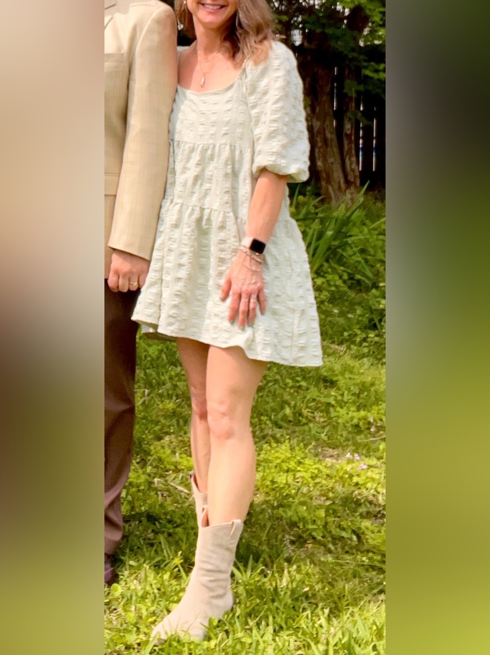By Together - Light Green Square-Neck Puff Sleeve Tiered Mini Dress